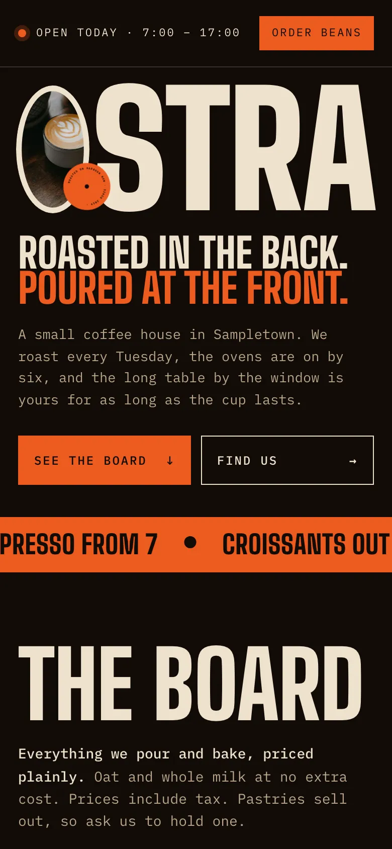 Ostra Coffee House homepage on a phone, a Modulr concept