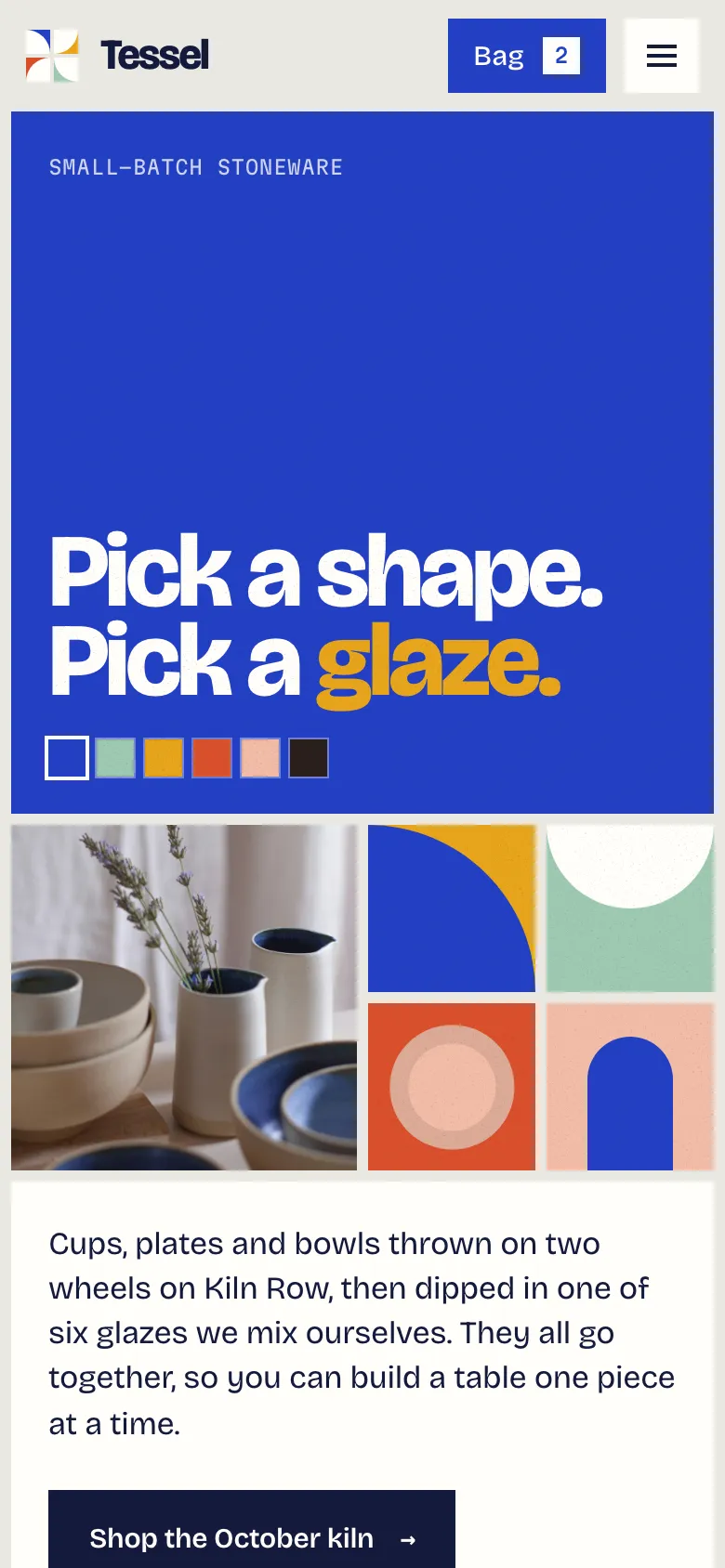 Tessel Ceramics homepage on a phone, a Modulr concept
